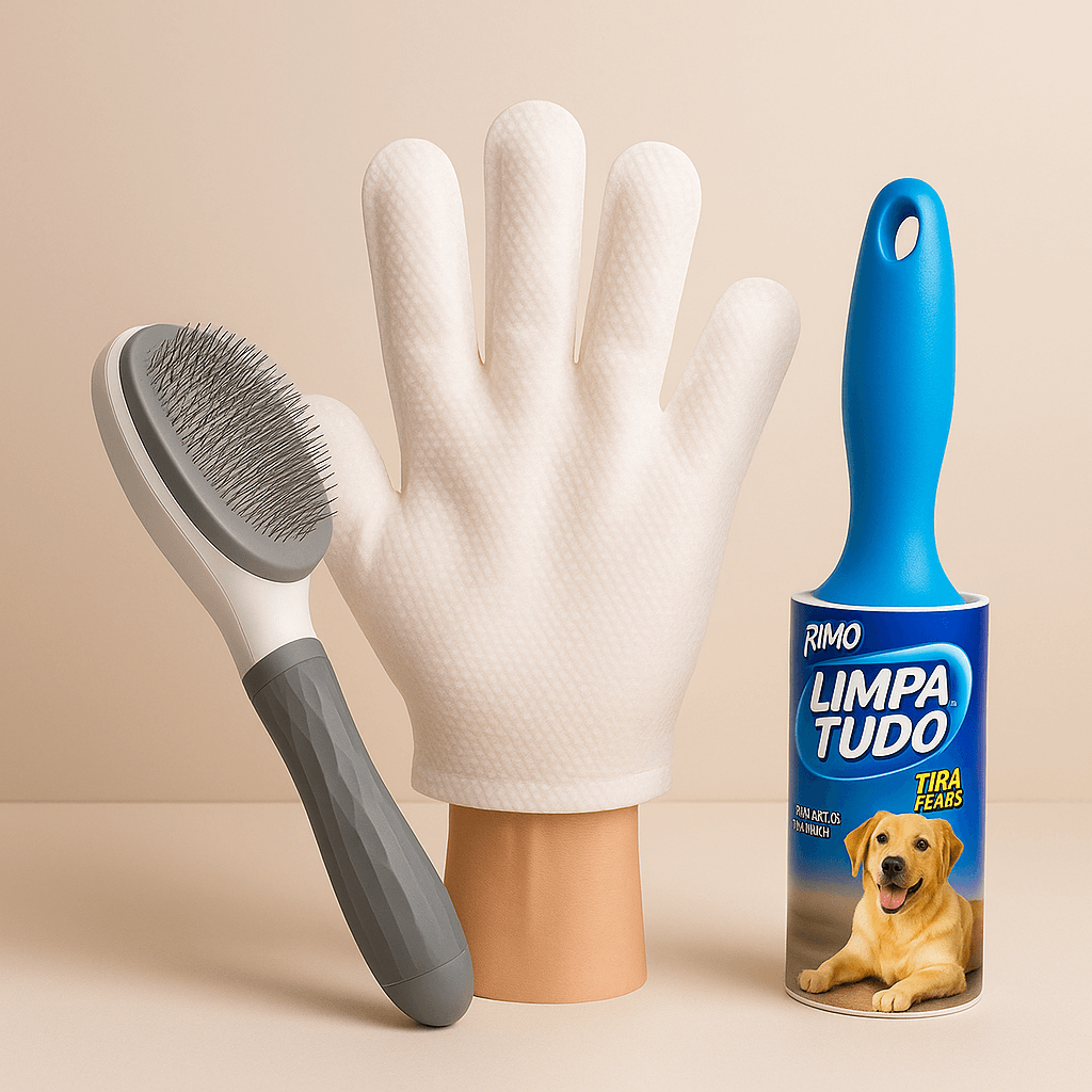 Kit Limpeza Premium para Pets – Luva Umedecida + Escova Removedora + Rolo Adesivo